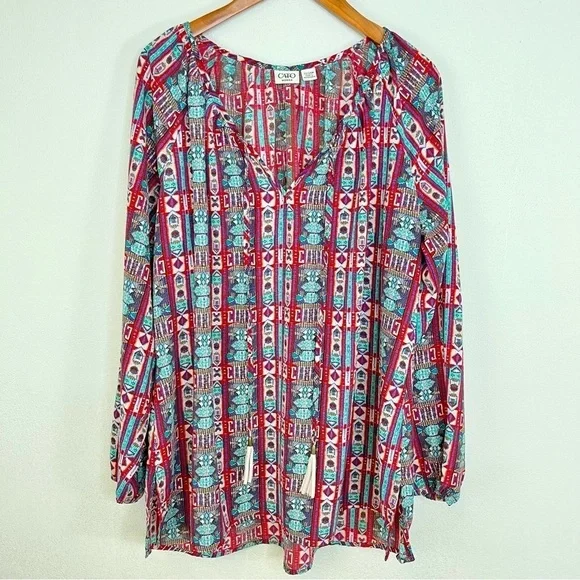2/$25 CATO Red Bohemian Boho Tribal Western Lightweight Business Casual Blouse - Picture 2 of 14